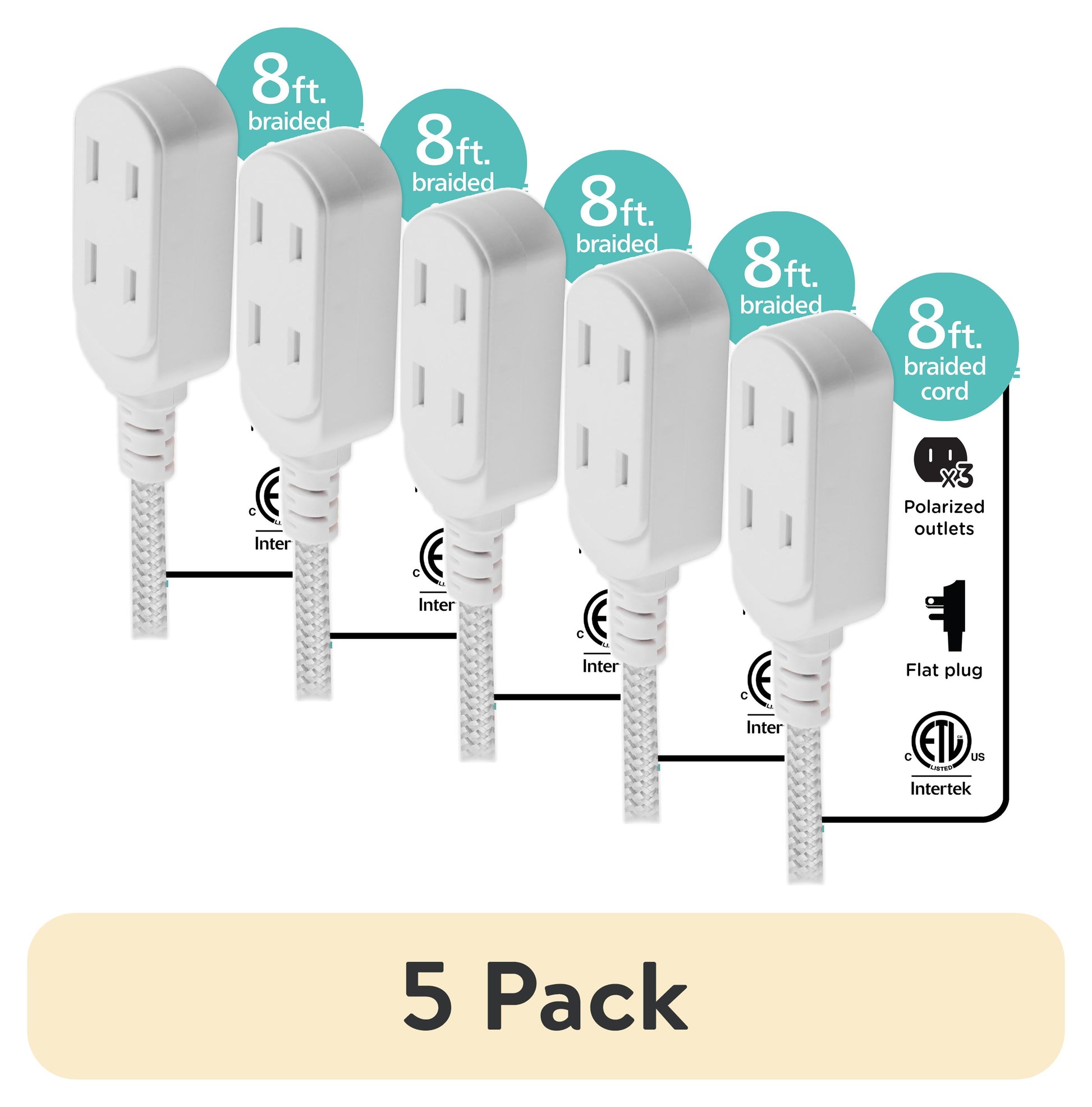 (5 pack) Cordinate Designer Extension Cord, 3-Outlet, White, 8 ft Braided Cord, 15A