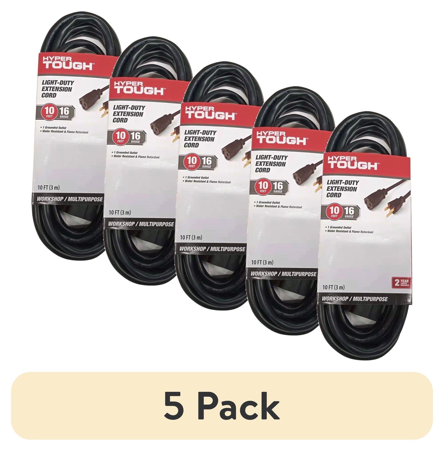 (Paquete de 5) Hyper Tough Cable de ExtensiÃ³n para Exteriores Negro de 10 Ft, 16 AWG, 3 Clavijas, un Solo Tomacorriente, 13 Amperios