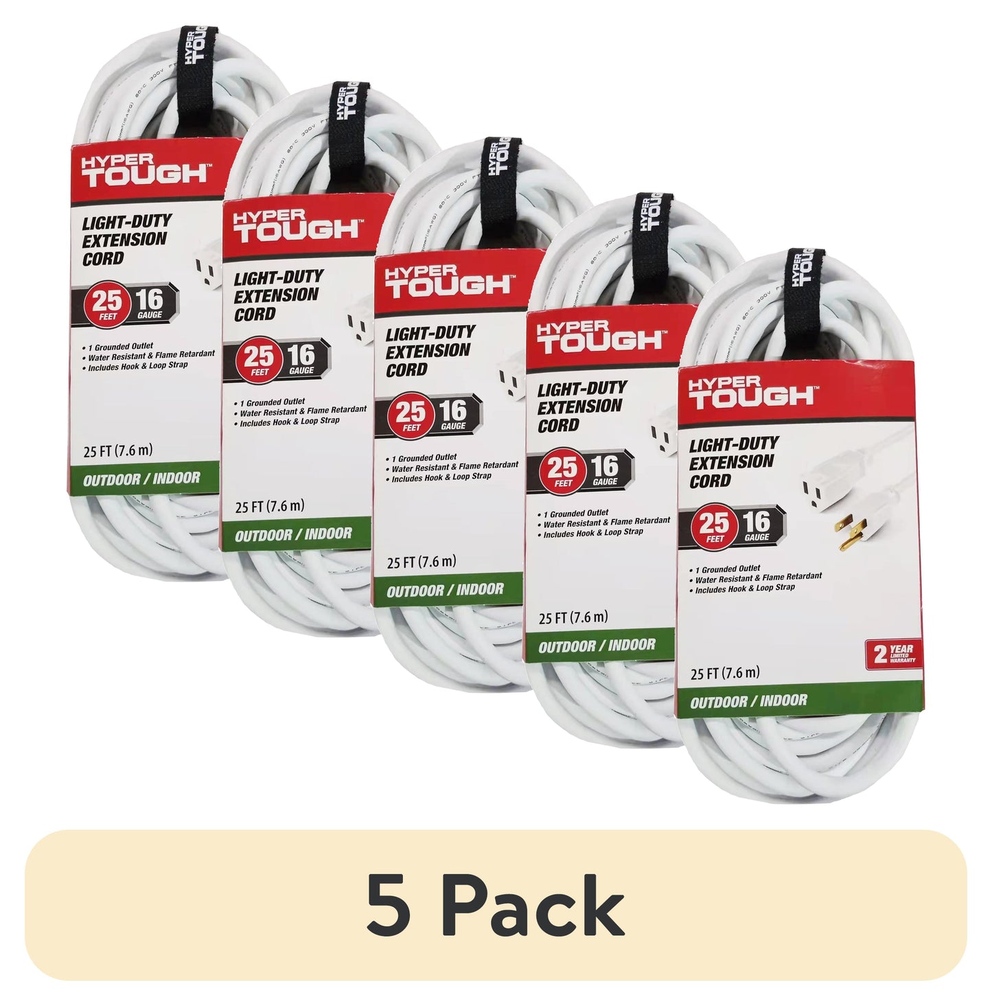 (5 pack) Hyper Tough 25FT 16AWG 3-Prong White Single Outlet Outdoor Extension Cord, 125V 13A