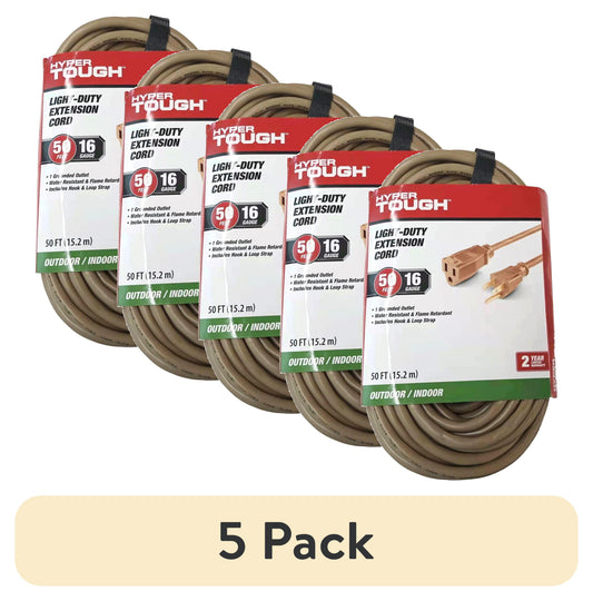 (5 pack) Hyper Tough 50FT 16AWG 3 Prong Tan Outdoor Extension Cord, 125V, 13A
