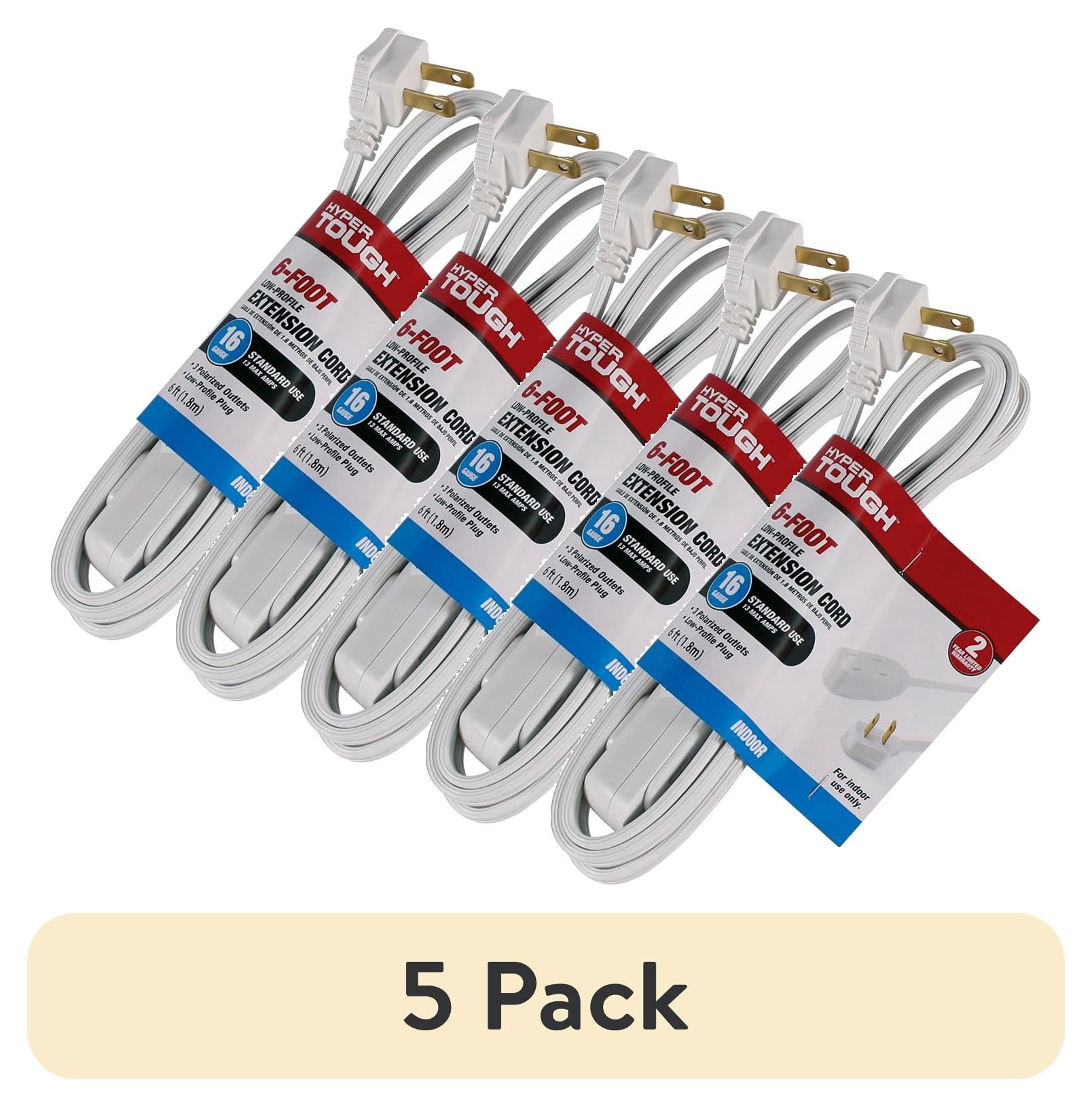 (5 pack) Hyper Tough 6FT 16AWG White Indoor Extension Cord with 3 Outlets, 125V, 13A