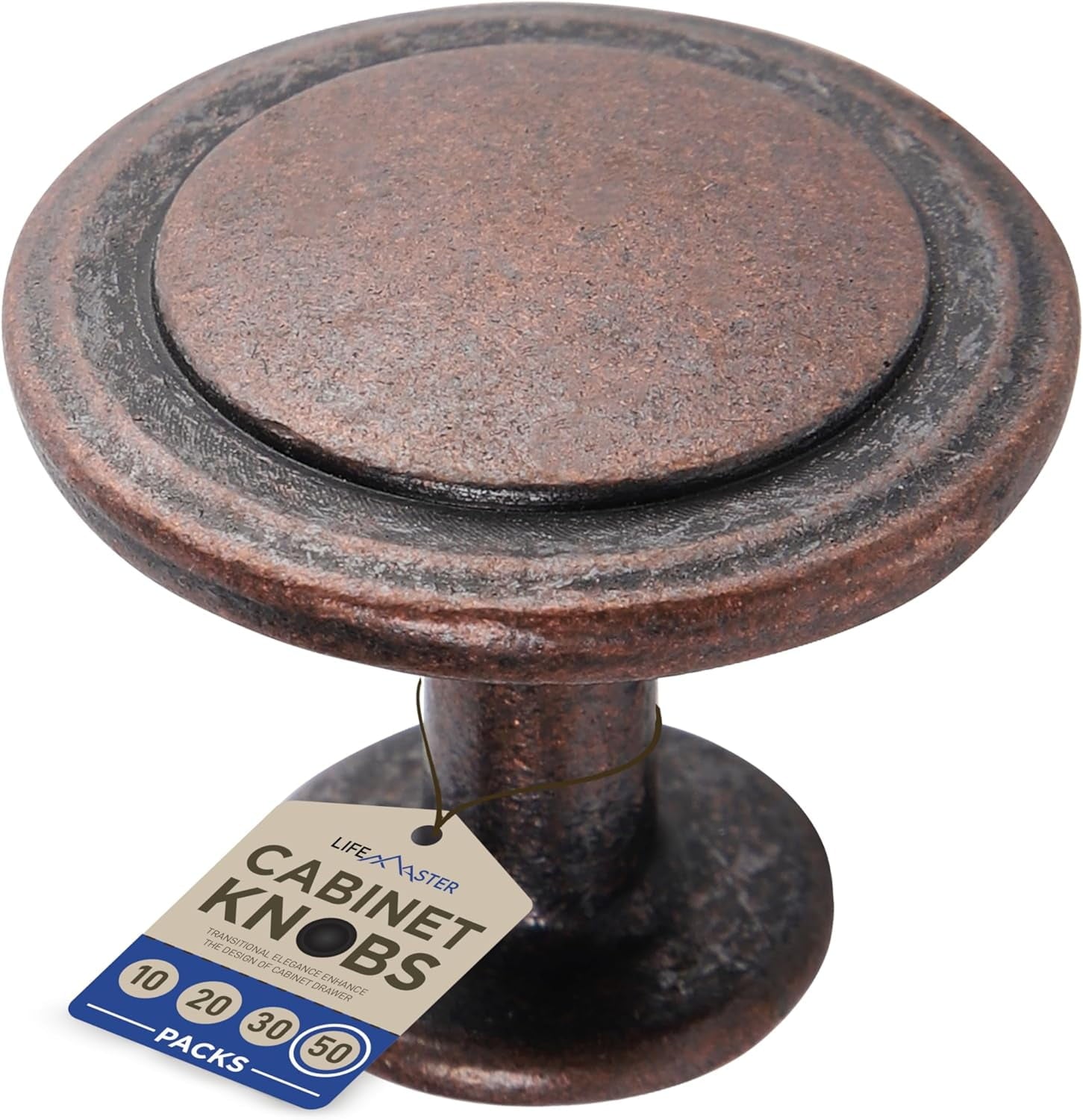 50pcs Oil Rubbed Bronze Cabinet Knobs â€“ 1-1/4â€ Modern Drawer Pulls, Durable Zinc Alloy Handles with Short & Adjustable Screws for Kitchen, Dresser, Cabinets