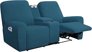 Easy-Going Stretch Recliner Loveseat Cover with Center Console Sofa Slipcover Soft Fitted Fleece 2 Seats Couch with Holder and Storage Washable Furniture Protector Peacock Blue