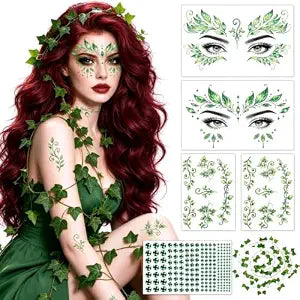 Green Halloween Makeup Leaf Face Temporary Tattoos with Face Gems