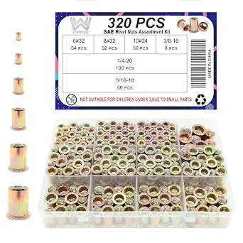320Pcs SAE Rivet Nut Kit, SAE Nutsert Rivnut Kit,Threaded Inserts for Metal