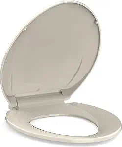 19" Elongated Almond Toilet Seat Cover, Slow Close Polypropylene Design with Never Loosen Lid, Quiet and Easy to Install & Clean