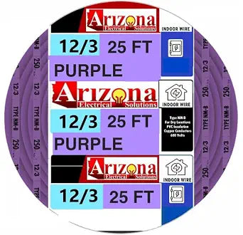 Arizona Electrical Solutions 12/3 NM-B Wire 25 FT, 12 AWG 3 Conductor Copper Electrical Wire with Ground, 600V Indoor Non-Metallic Sheathed Cable, Purple Jacket, Made in USA