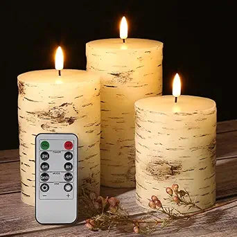 Eywamage Birch Bark Flameless Pillar Candles with Remote Set of 3