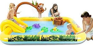 Inflatable Jungle Animal Play Center Outdoor Playhouse Inflatable Water Park with Kid Pool Slide, Sprinkler Toy with Base Pool, Monkey, Tree Stump for Garden Backyard