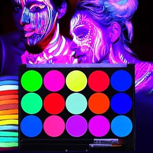 Glow UV Blacklight Face Paint,Neon Fluorescent Body Painting Palette,Water Activated Makeup Eyeliner,Water Based Glow In The Dark Party Halloween Washable for Adult Body Paint Set (15 color)