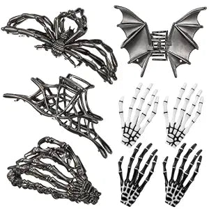 8 PCS Gothic Hair Clips Set, 4 PCS Metal Spider Web Skeleton Hand Bat Claw Clips & 4 Skeleton Hand Bone Barrettes for Women Halloween Hair Accessories Punk Rock Dark Aesthetic Hair Pins