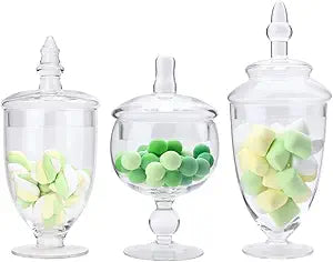 Set of 3 Apothecary Jar Glass, Glass Apothecary Jars with Lids, Clear Candy Jars for Candy Buffet, Decorative Jar for Display, Party and Wedding, Elegant Candy Canisters Set