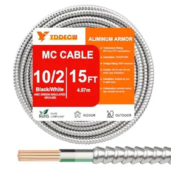 15FT 10/2 Metal Clad (MC) Cable with Ground, 10 Gauge Electric Wire with Aluminum Armor, Solid Bare Copper Conductors for Indoor Outdoor Underground Embedded Installation (10/2, 15 ft)