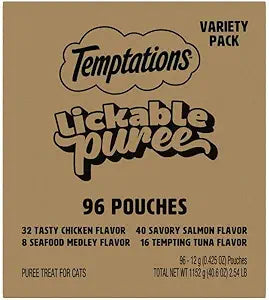 Temptations Creamy Puree Squeezable Lickable Wet Cat Treat Variety Pack, 0.42 oz. Tubes, 96 Count