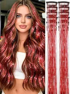 Red Hair Tinsel Extensions 3-Second Install Clip In and Go 22 Inch 12 Pcs Clip in Glitter Tinsel Hair Sparkle Wraps for Girls Beginner Friendly Perfect for Any Party