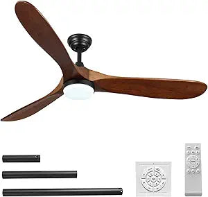 60 Inch Wood Ceiling Fan with Light and Remote Indoor/Outdoor with 3 Wooden Blades, 3 Downrods, Reversible DC Motor for Bedroom Living Room Farmhouse Patio