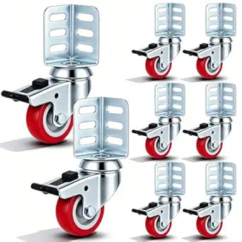Aurelema 8 Pack Storage Rack Caster Wheels, 2" Heavy Duty 720 lb Storage Shelf Accessories 360 Swivel Side-Mount Corner Casters with Top Brake Adapts to Boltless Self Locking Shelving Racks (Red)