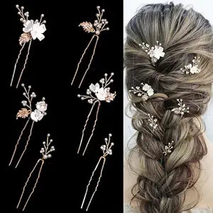 Handmade Pearl Bridal Wedding Hair Pins 6Pcs White Flower Gold Leaf Pearls Clips Bridal Hair Accessories for Women Brides Bridesmaid