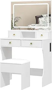 Panana Vanity Desk Set with Adjustable LED Lighted Mirror, Girls Makeup Dressing Table with Stool and 4 Drawers Storage Makeup Table with Power Outlet for Bedroom (White)
