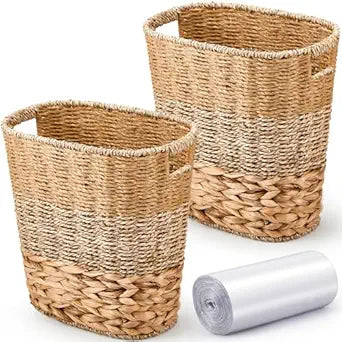 Ziliny 2 Pcs Wicker Trash Can with 50 Small Trash Bag Wicker Waste Woven Basket with Handles Clear Multi Use Garbage Bags for Bathroom Kitchen Bedroom(Various Materials,Classic Style)