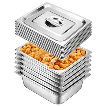 Hotel Pan With Lids 6 Pack 1/2 Size 4" Deep Stainless Steel Steam Table Pan, Commercial Food Pans for Catering Buffet Chafing Dish Pans Metal Steam Tray (1/2 Half Size x 4 Inch Deep, 6 Pack)