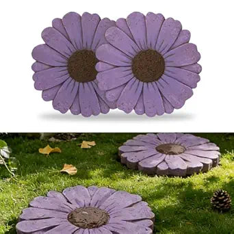 2 Pack Daisy Cement Stepping Stones 10 Inch, Heavy Duty Garden Pathway Stones, Non Slip Outdoor Walkway Decor for Yard Patio Lawn, Weather Resistant Cement Stepping Stones (Purple)