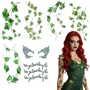 Green Ivy Leaf Temporary Tattoos Stickers with Green Face Gems Jewels Halloween Ivy Leaf Makeup Sets Accessories for Halloween Costumes Rave Cosplay Carnival Party Favors