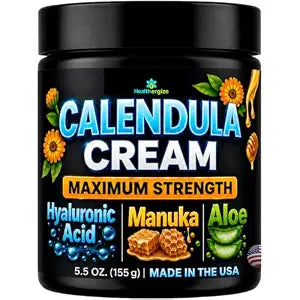 Healthergize Calendula Cream Maximum Strength – Soothing Face & Body Cream for Dry, Sensitive Skin – with Manuka Honey, Hyaluronic Acid & Aloe – Gentle Hydration, Paraben Free – 5.5 Oz, Made in USA