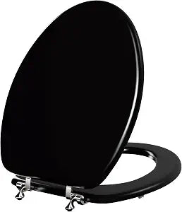 Deewow Black Elongated Toilet Seat, Heavy Duty Wood Toilet Seat with Baked Enamel Process, Suppor 400 lbs, Wooden Oval Toilet Lid with Chrome Hinges, Grip-Tight Bumpers, Easy Clean and Easy to Install