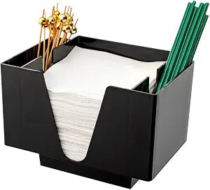 Restaurantware Bar Lux 7.9 Inch x 5.5 Inch Napkin Holder 1 3-Compartment Condiment Caddy - Rectangle Tabletop Black Plastic Napkin Caddy Refillable Easy Access
