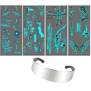 Cyber Punk Machinery Temporary Fluorescent Tattoo Stickers with Futuristic Sunglasses AI Robot Costume Set for Women Men Halloween Futuristic Cyber Punk Cosplay Party