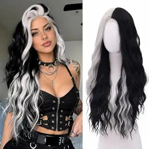 WECAN Black and White Wig for Women Long Natural Wavy Synthetic Wig 28 Inch