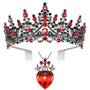 Queen Hearts Crown Tiara & Necklace Set for Women Girls, Queen of Hearts Crown Costume Accessories Red and Black Crowns for Women Girls, Bride Prom Pageant Halloween Party Cosplay Descendants