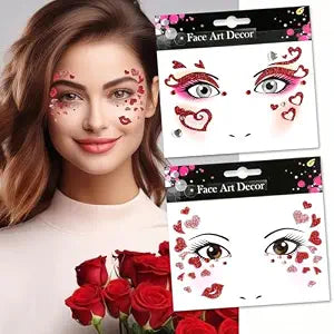 Valentines Temporary Tattoos Glitter Fake Tattoos Red Heart Lip Tattoo Stickers Eyes Face Gems Stickers for Women Girls Makeup Holiday Party Supplies 2Pcs