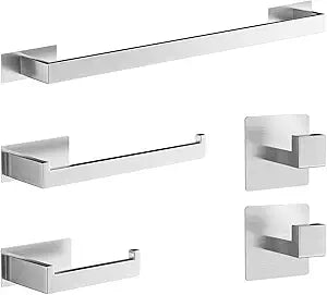 Self-Adhesive Bathroom Hardware Set 5 Pieces, Brushed Silver Stainless Steel Towel Bar Set, Includes 24Inch Single Rod, Towel bar,Toilet Paper Holder, Single Hook(Brushed Silver)