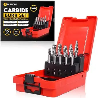10Pcs Tungsten Carbide Burr Set 6.35mm - 1/4" Shank Double Cut Die Grinder Bits Cutting Burrs - Metal, Steel - Rotary Tools Rasp Accessories - Deburring, Engraving, Grinding, Carving, Porting