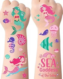 Mermaid Temporary Tattoos for Kids ï¿½ï¿½ï¿½ï¿½ï¿½ï¿½ï¿½ï¿½ï¿½ 106 Cute Ocean & Mermaid Designs, Waterproof, Non-Toxic & Skin-Friendly, Easy to Apply, Perfect for Under the Sea Birthday Pa