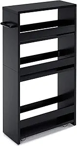 MARTY Slim Rolling Storage Cart 4-Tier Kitchen Cart with Wheels, Laundry Room Storage with Handle Slide Out Utility Cart Shelving Unit Organizer Trolley for Narrow Places Bathroom Small Corner, Black