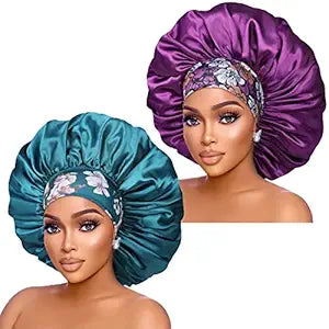 Silk Satin Bonnet Hair Cap: 2pcs 17inch Diameter Extra Large Jumbo Sleeping Satin Bonnets with Comfortable Flower Band - High Density Bonnets for Women Braids Curly Night Cap (Purple & Teal)