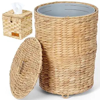 Wicker Trash Can with Lid, 2.9 Gallon Bathroom Trash can with Liner & Raised feet, Handwoven Water Hyacinth Waste Basket with Tissue Box, Decorative Trash can for Bedroom, Kitchen, Office
