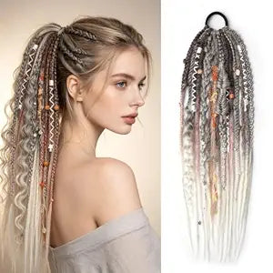 Boho Dreadlock Hair Extensions Braided Ponytails 24 Inch Pink Grey 1 PCS