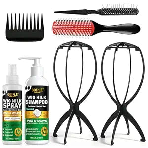 Goiple Wig Head Stand with Brush Comb Set | Travel Wigs Holder for Women Human and Synthetic Hair | 2 in 1 Milk Spray & Shampoo Hydrates Moisturizes, Promotes Silkiness Shine Easy Combing (7PCS)