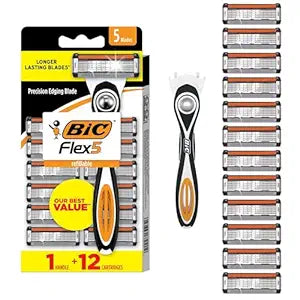BIC Flex 5 Mens Refillable 5-Blade Razors, 12 Cartridges, Smooth Shave