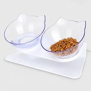 Leo's Paw Anti-Vomiting Orthopedic Cat Bowl Elevated 15 Tilted Cat Food and Water Bowls for Better Digestion Raised Stand with Non-Slip Bottom Detachable Feeding Bowl (Double Clear)