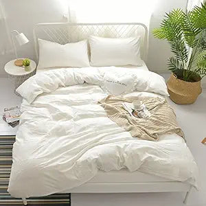 100% Washed Cotton Duvet Cover Bedding Set , Healthy , Comfortable and Unique Style ,3 pieces, Twin , White