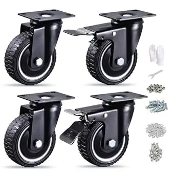 4 Inch Caster Wheels Set of 4 Heavy Duty - Total Enclosure Dust Cover & Dual Locking - Silent Industrial Rubber Swivel Casters for Workbench, Tool Box & Cart (Hardware Included)
