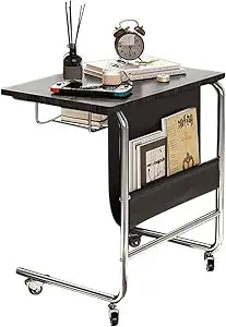 C Shaped End Table Side Table with Wheels C Shape for Couch, Sofa with PU Storage Bag Laptop Recliner Tables for Living Room Bedroom (Black)