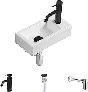 Small Wall Mounted Bathroom Sink, MAISINK 14.5"x7.3" Compact Rectangular Ceramic Wall Hung Vanity Sink with Faucet, Mini Lavatory Sink for Tiny Bathroom, Wall Mounted Wash Basin (Right Hand)