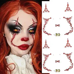 2 Pieces Halloween Face Gems Jewels Rhinestone Tattoos Day of the Dead Skull Temporary Face Tattoo Red Crystal Stones Body Gems Makeup Stickers for Halloween Rave Cosplay Party Supplies