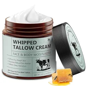 Beef Tallow for Skin, Tallow and Honey Balm (4.2 Oz), Tallow Face Moisturizer, Organic Grass Fed Whipped Beef Tallow with Honey Beeswax, Deeply Moisturizing for Face & Body, Unscented Fast Absorption